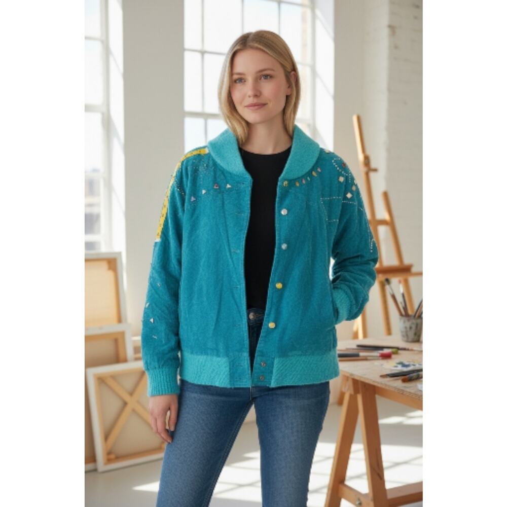 VTG 80s Leather Western Teal Bejeweled Bomber Jacket Evil Eye Art To Wear SM